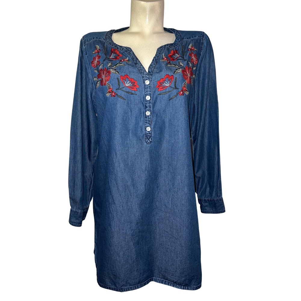 Express Womens Sz L Blue Denim Floral Embroidered Long Sleeve Tunic Shirt Dress